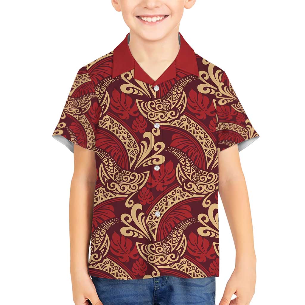 Luxury Red Monstera Family Matching Short Sleeve Bodycon Dress and Hawaiian Shirt Polynesian Tribal Pattern - Polynesian Pride