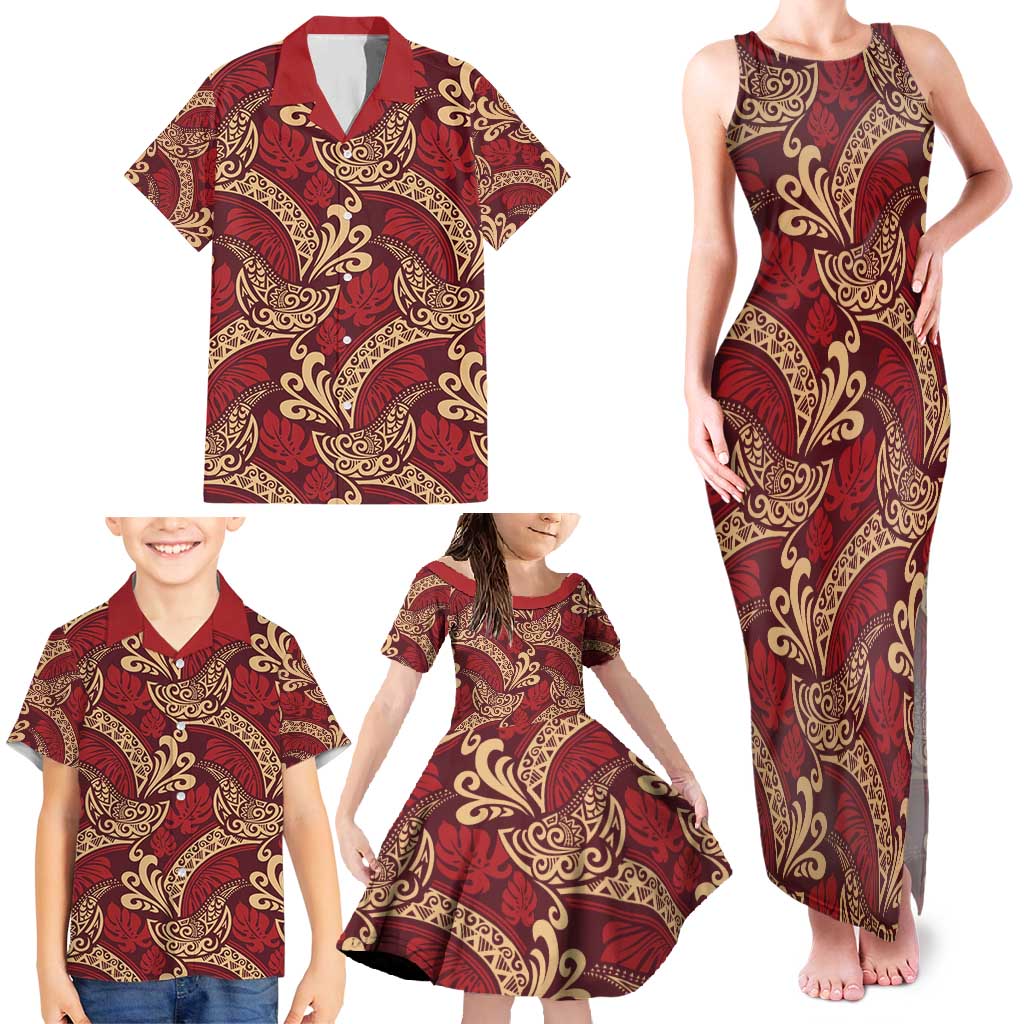 Luxury Red Monstera Family Matching Tank Maxi Dress and Hawaiian Shirt Polynesian Tribal Pattern LT01 - Polynesian Pride
