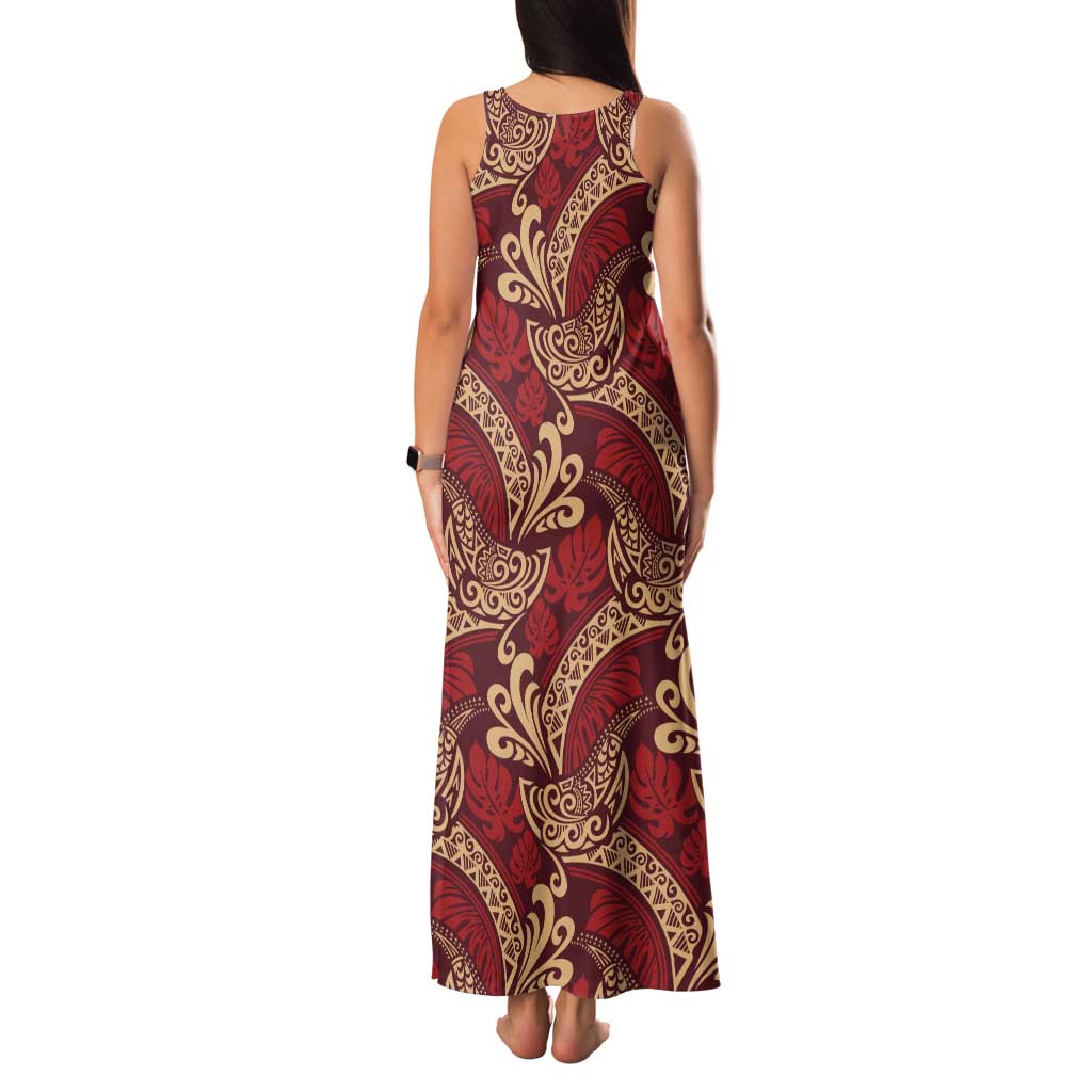 Luxury Red Monstera Family Matching Tank Maxi Dress and Hawaiian Shirt Polynesian Tribal Pattern - Polynesian Pride