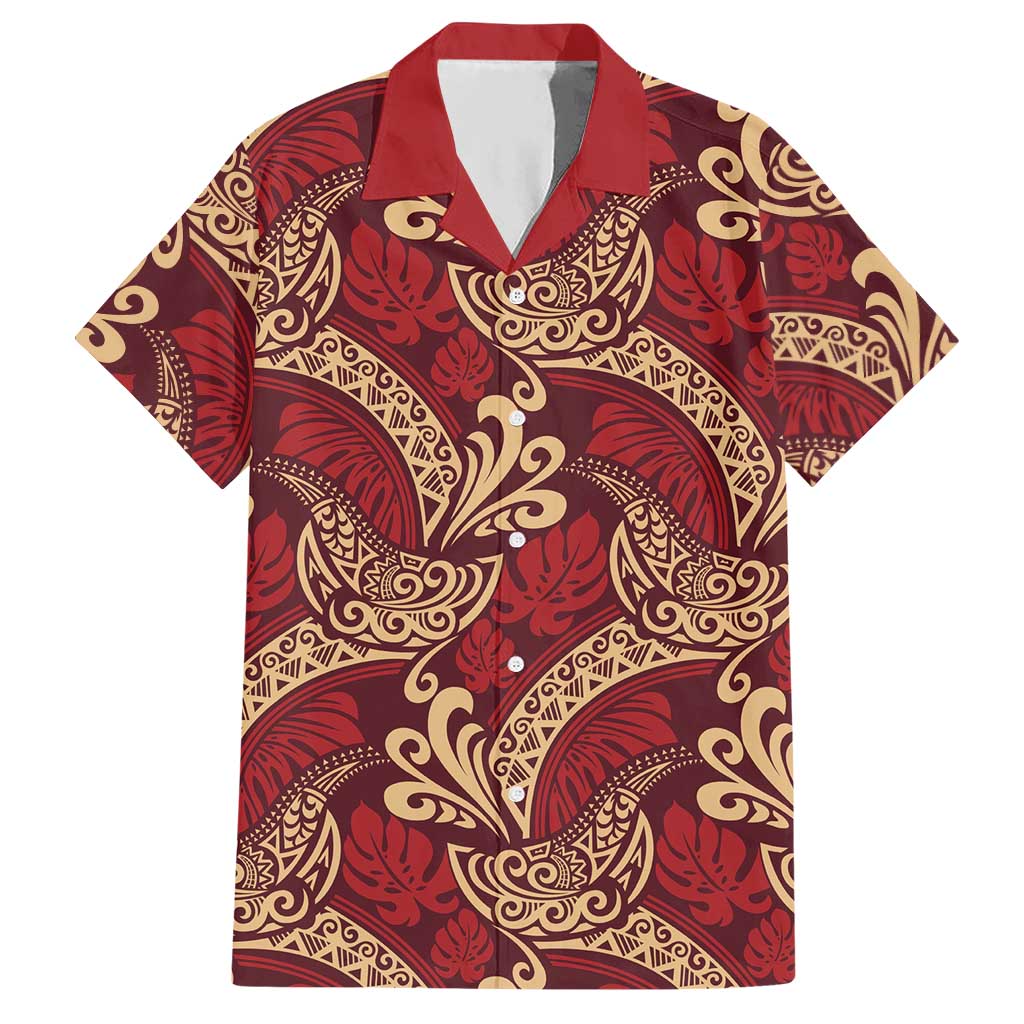 Luxury Red Monstera Hawaiian Shirt Polynesian Tribal Pattern - Polynesian Pride