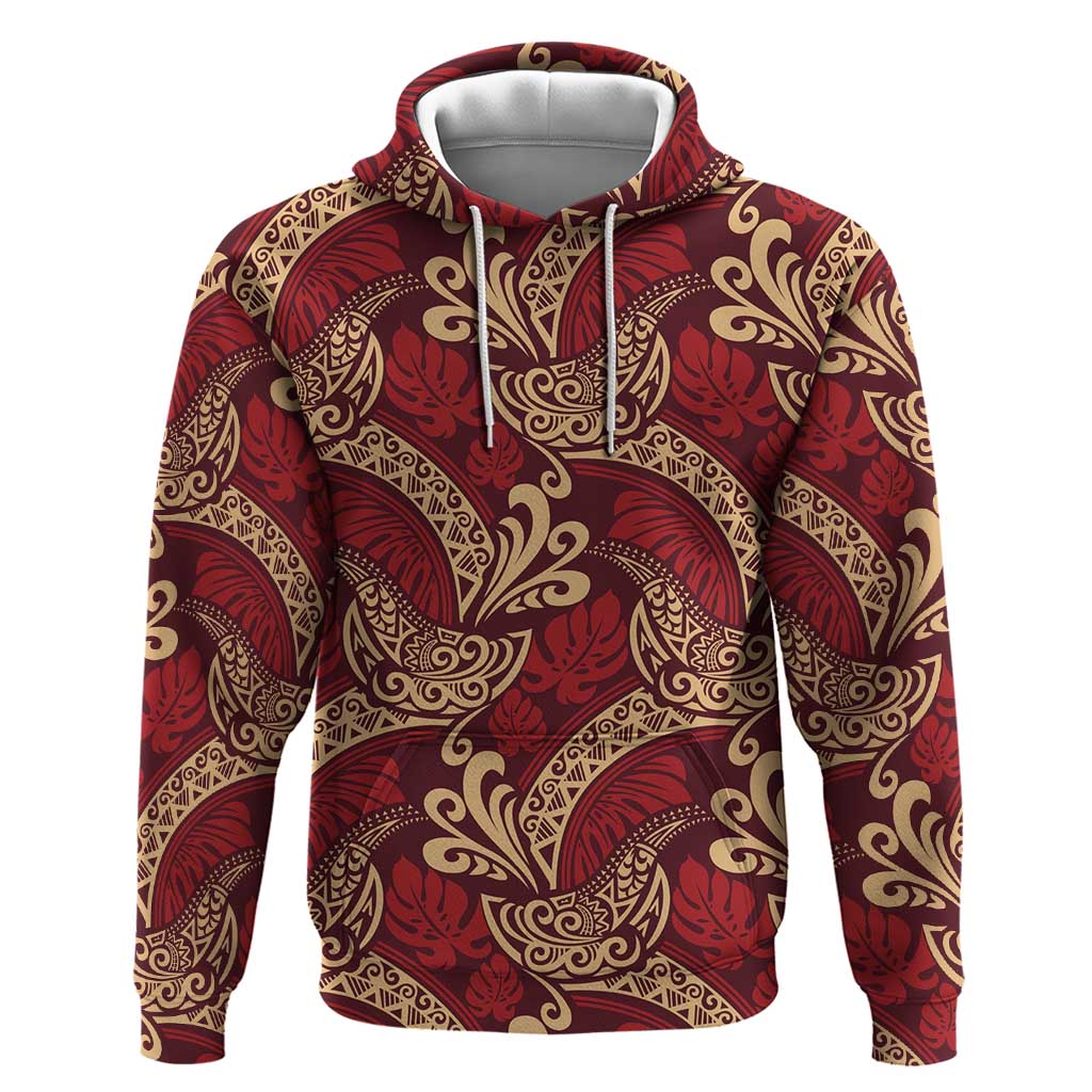 Luxury Red Monstera Hoodie Polynesian Tribal Pattern - Polynesian Pride