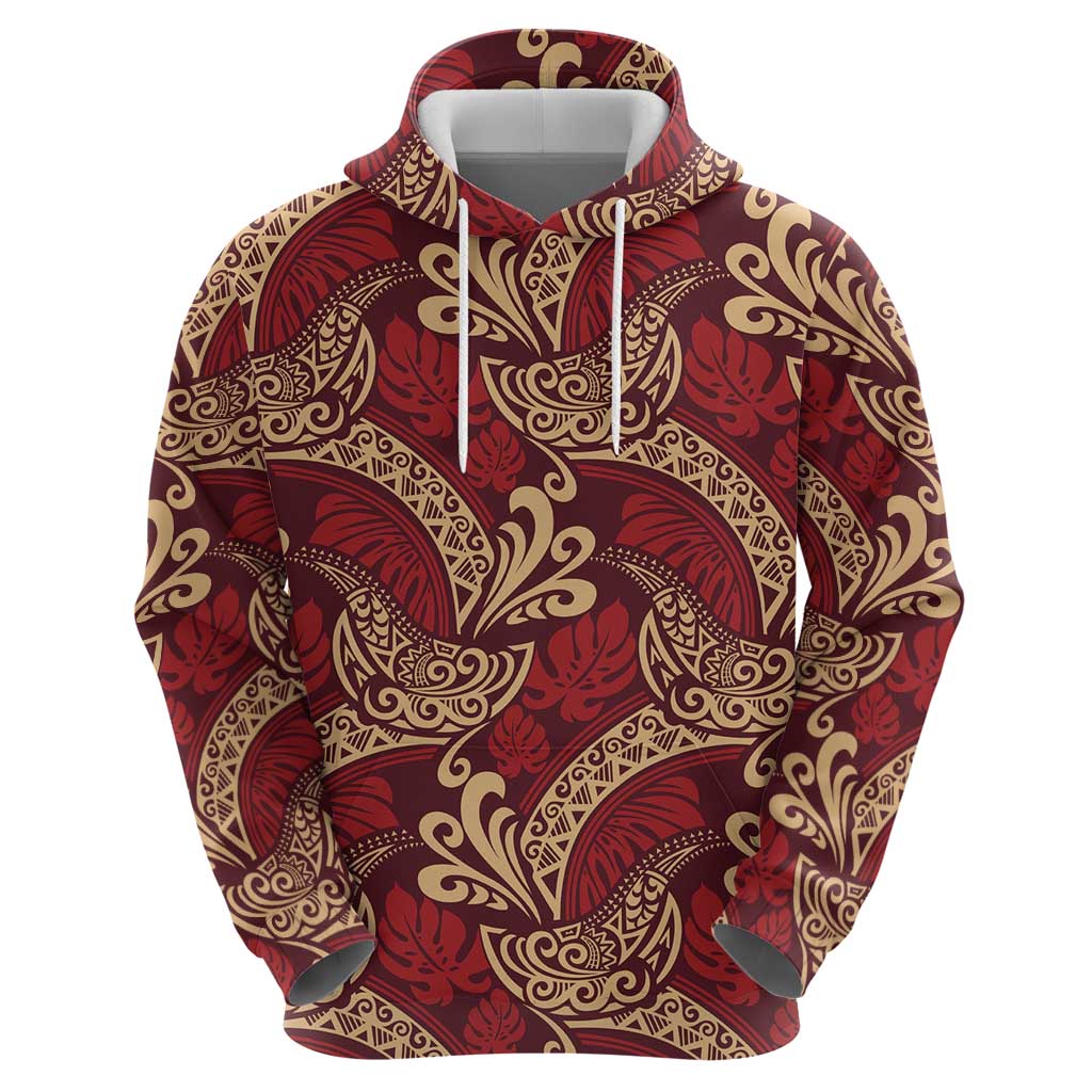 Luxury Red Monstera Hoodie Polynesian Tribal Pattern - Polynesian Pride