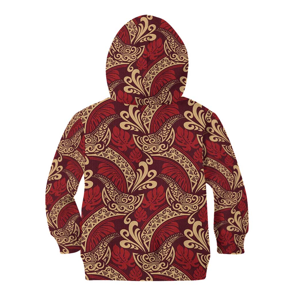 Luxury Red Monstera Kid Hoodie Polynesian Tribal Pattern - Polynesian Pride