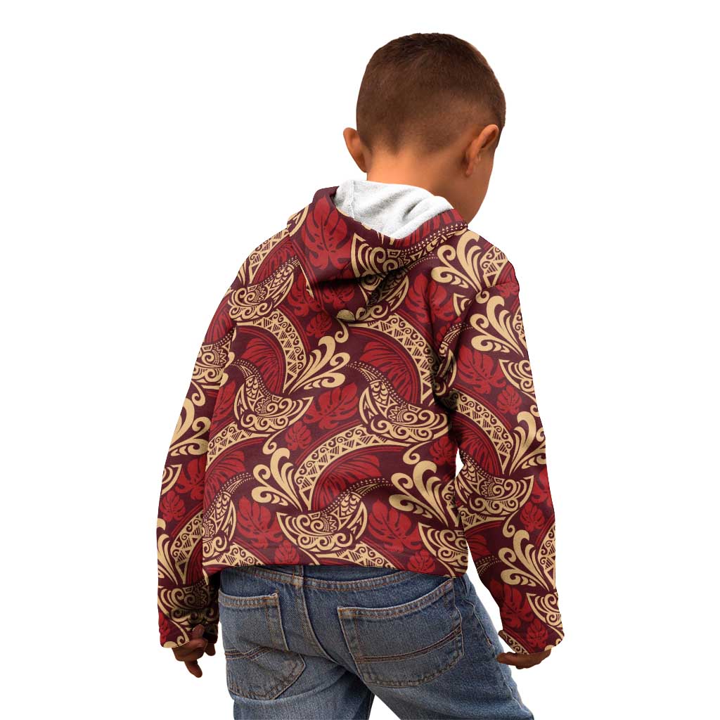Luxury Red Monstera Kid Hoodie Polynesian Tribal Pattern - Polynesian Pride