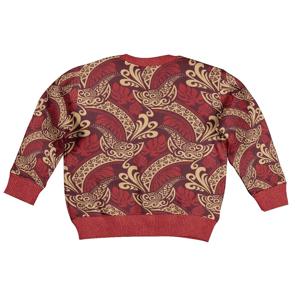 Luxury Red Monstera Kid Ugly Christmas Sweater Polynesian Tribal Pattern - Polynesian Pride