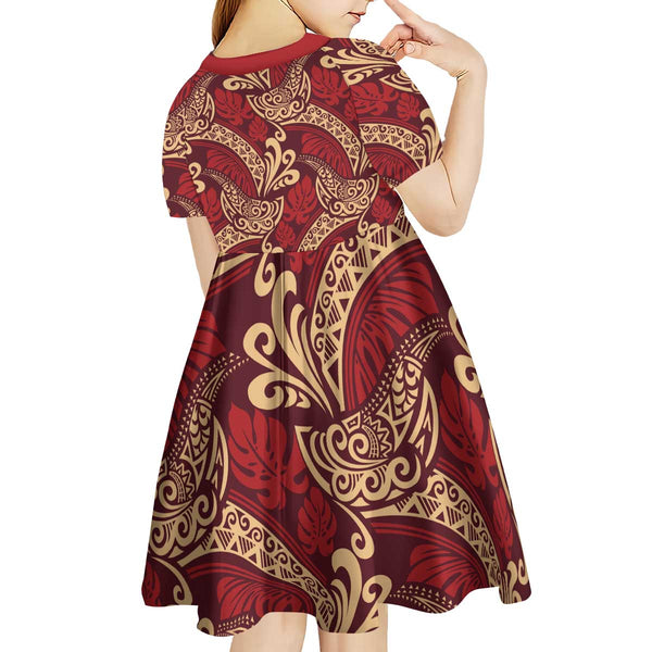 Luxury Red Monstera Kid Short Sleeve Dress Polynesian Tribal Pattern LT01