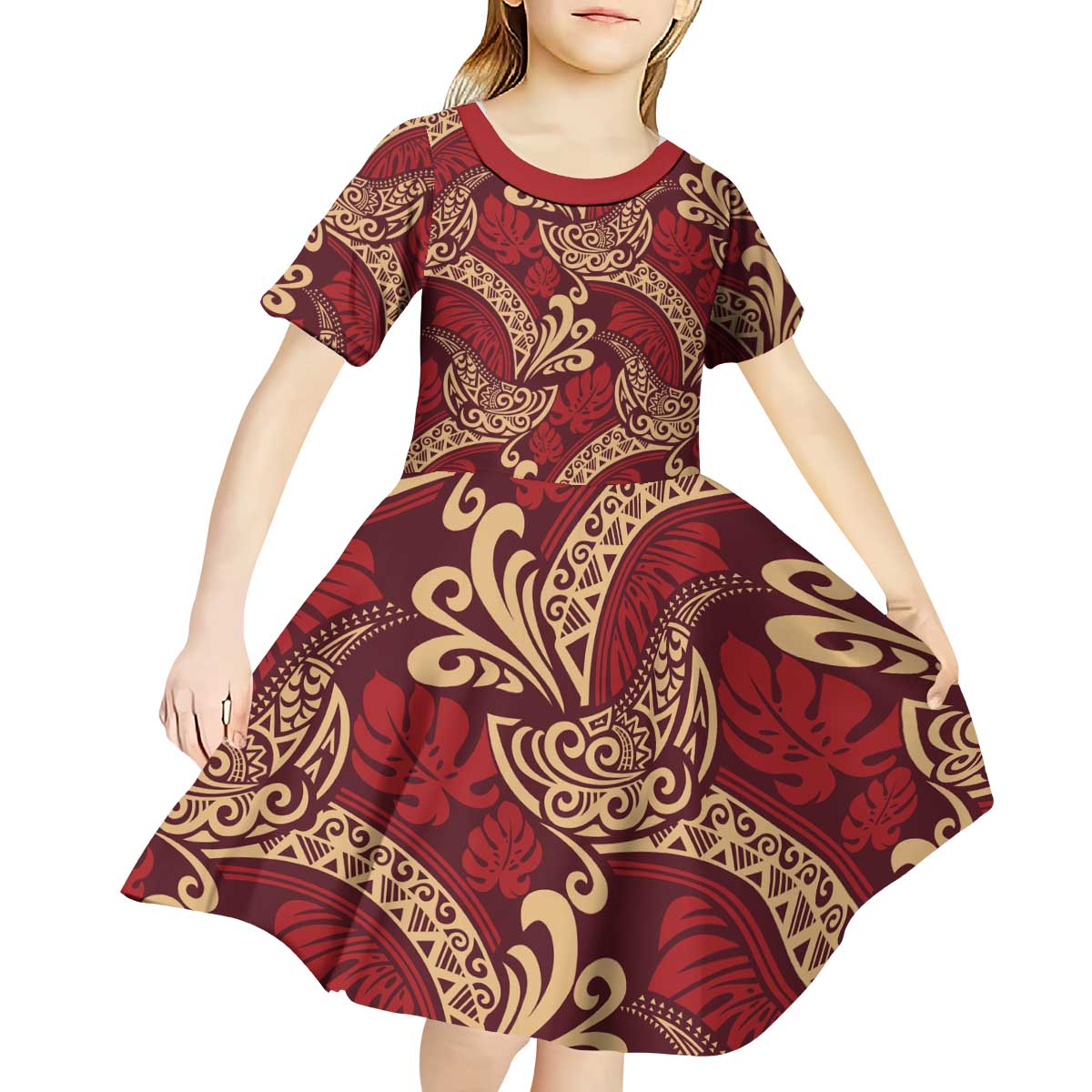 Luxury Red Monstera Kid Short Sleeve Dress Polynesian Tribal Pattern - Polynesian Pride