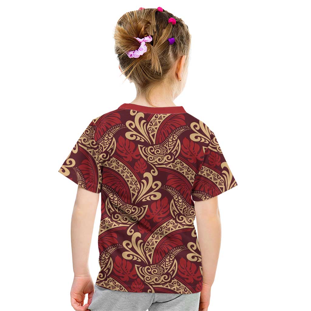 Luxury Red Monstera Kid T Shirt Polynesian Tribal Pattern - Polynesian Pride