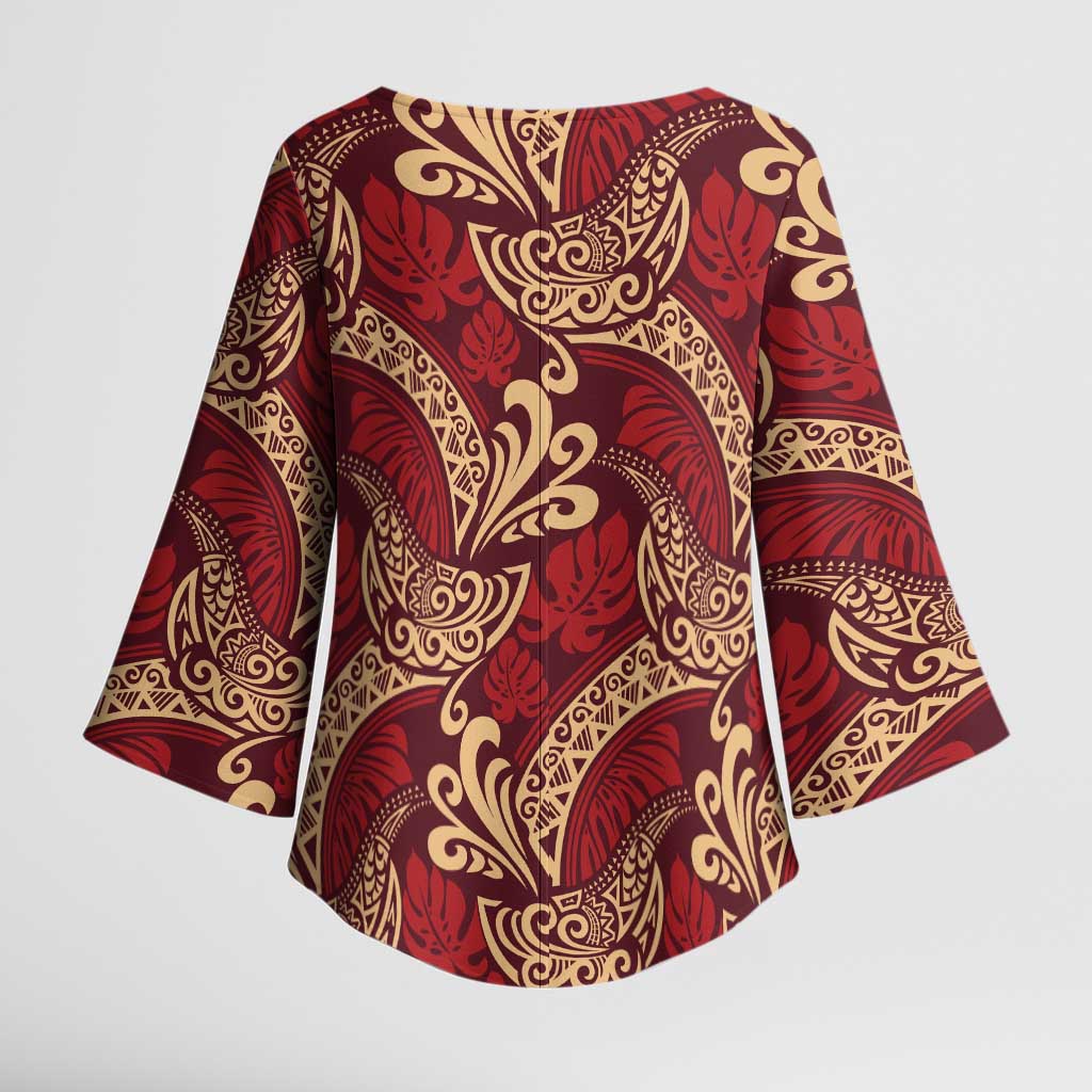 Luxury Red Monstera Kimono Sleeve Blouse Polynesian Tribal Pattern - Polynesian Pride
