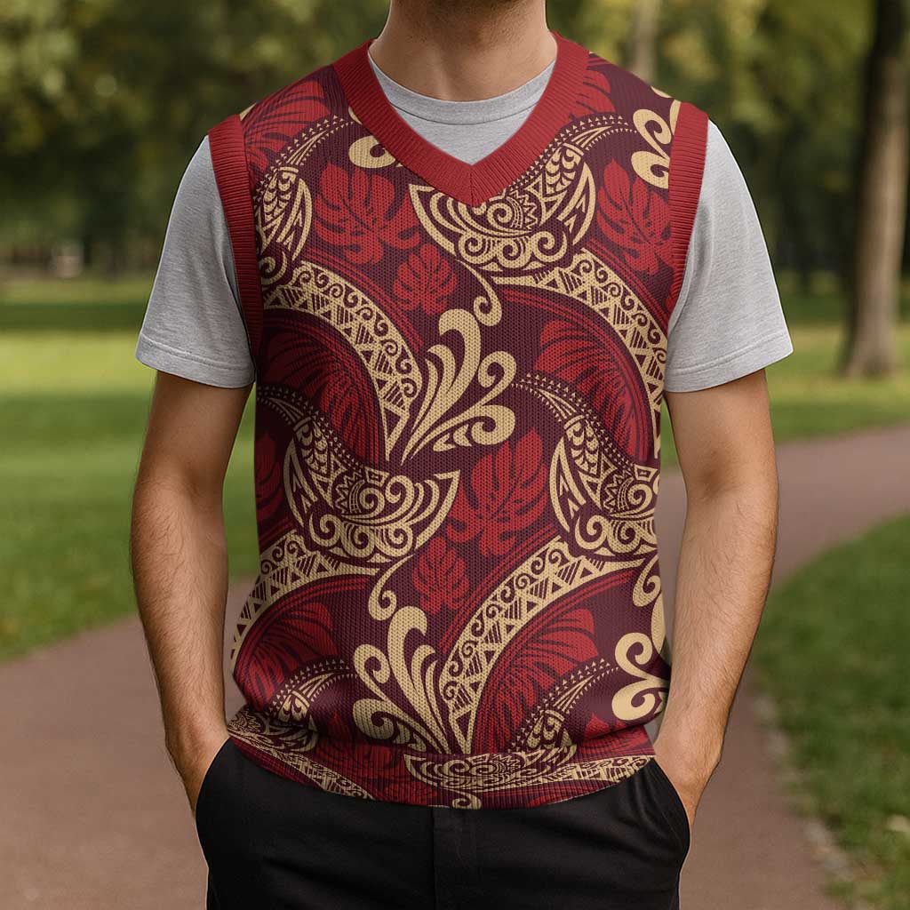 Luxury Red Monstera Christmas Knitted V-Neck Vest Polynesian Tribal Pattern - Polynesian Pride