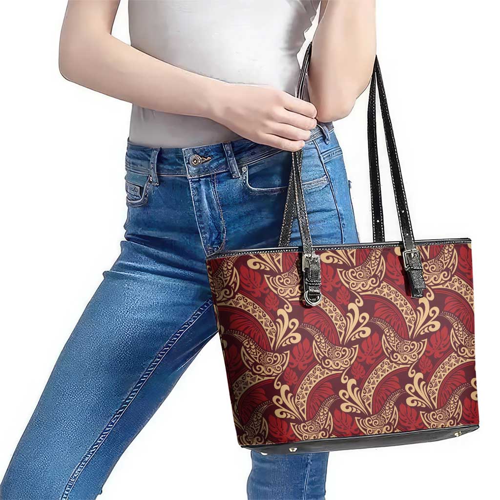 Luxury Red Monstera Leather Tote Bag Polynesian Tribal Pattern - Polynesian Pride