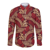 Luxury Red Monstera Long Sleeve Button Shirt Polynesian Tribal Pattern - Polynesian Pride