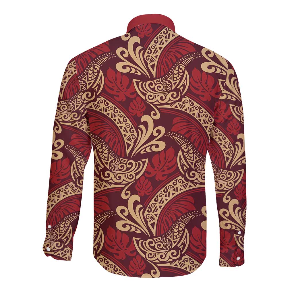 Luxury Red Monstera Long Sleeve Button Shirt Polynesian Tribal Pattern - Polynesian Pride
