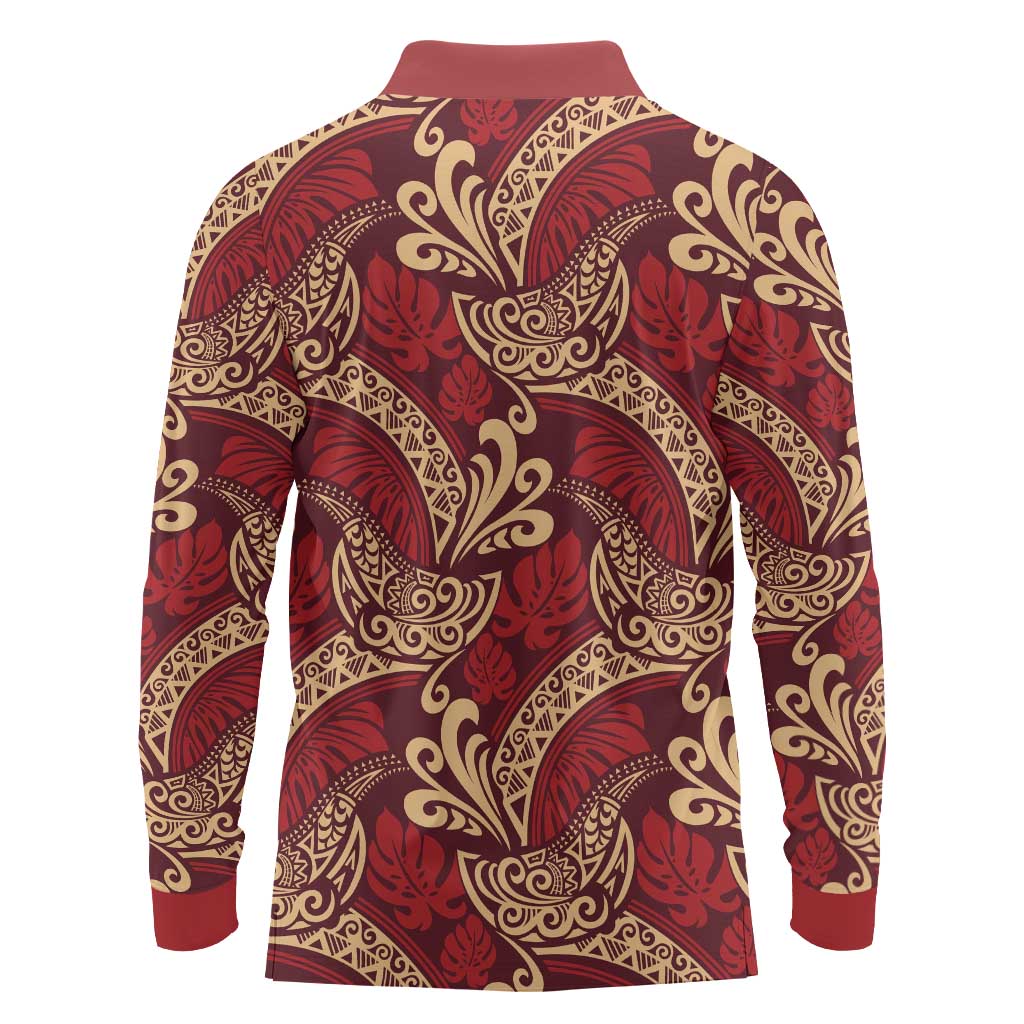 Luxury Red Monstera Long Sleeve Polo Shirt Polynesian Tribal Pattern - Polynesian Pride