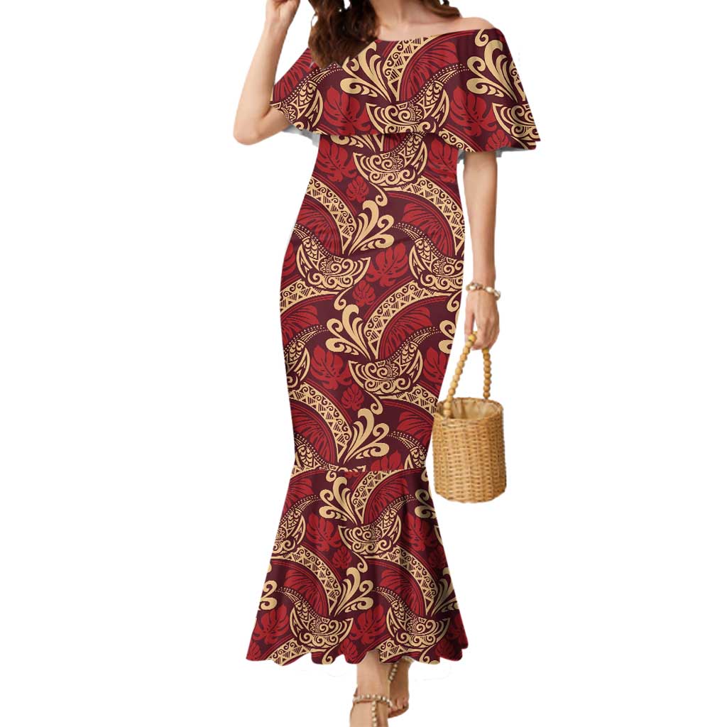 Luxury Red Monstera Mermaid Dress Polynesian Tribal Pattern LT01 Women Red - Polynesian Pride