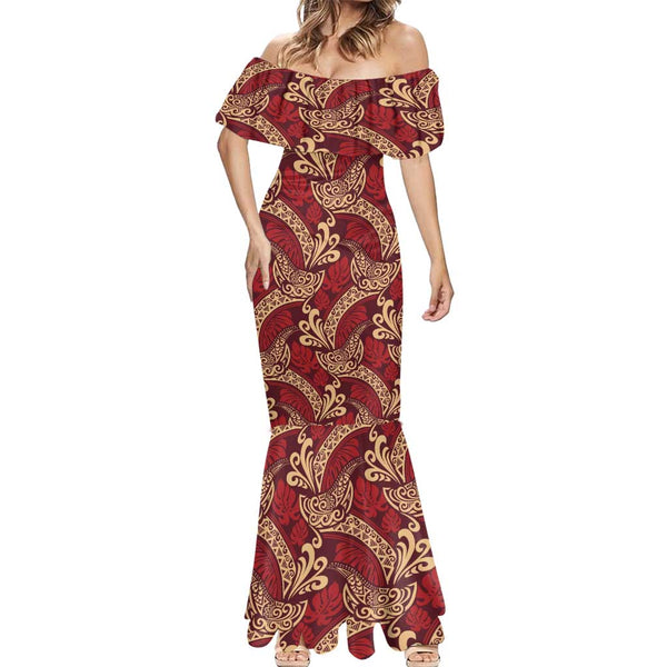 Luxury Red Monstera Mermaid Dress Polynesian Tribal Pattern LT01