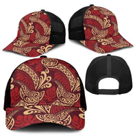 Luxury Red Monstera Mesh Trucker Cap Polynesian Tribal Pattern - Polynesian Pride