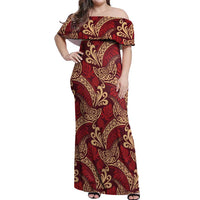 Luxury Red Monstera Off Shoulder Maxi Dress Polynesian Tribal Pattern - Polynesian Pride