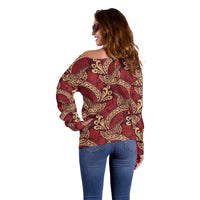 Luxury Red Monstera Off Shoulder Sweater Polynesian Tribal Pattern - Polynesian Pride