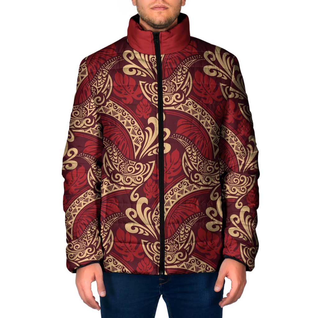 Luxury Red Monstera Padded Jacket Polynesian Tribal Pattern LT01 Men Red - Polynesian Pride