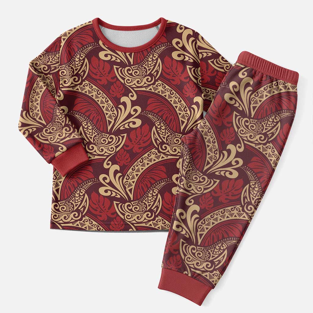 Luxury Red Monstera Christmas Pajama Set Polynesian Tribal Pattern - Polynesian Pride