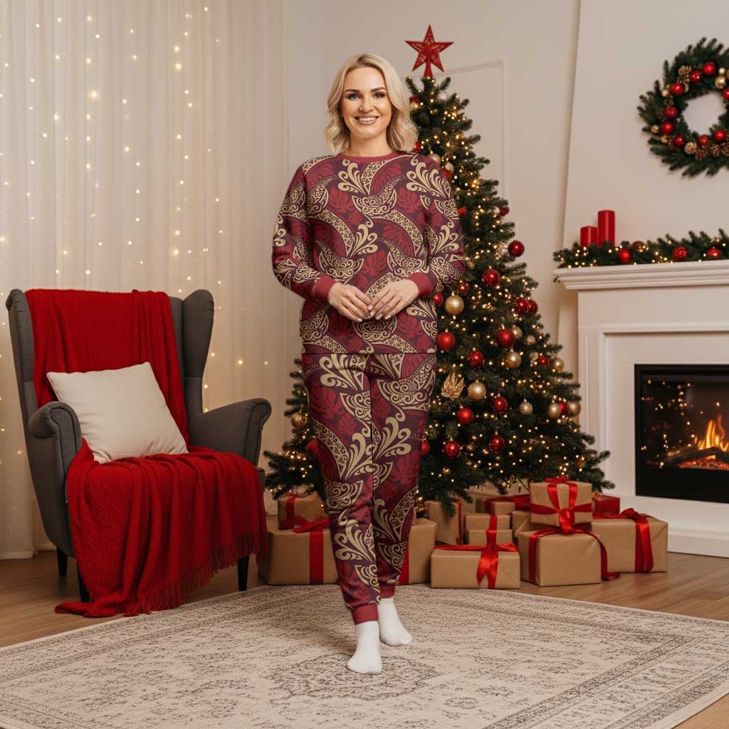 Luxury Red Monstera Christmas Pajama Set Polynesian Tribal Pattern - Polynesian Pride