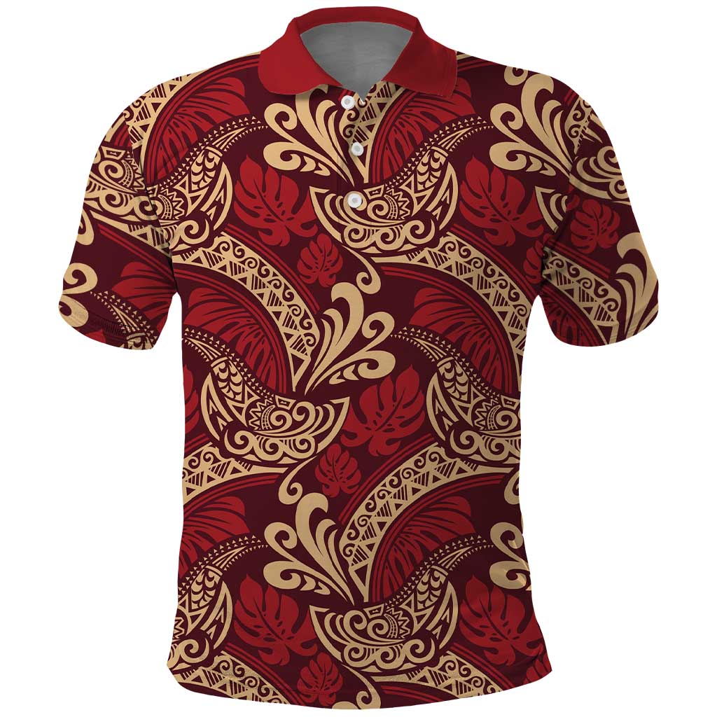 Luxury Red Monstera Polo Shirt Polynesian Tribal Pattern - Polynesian Pride