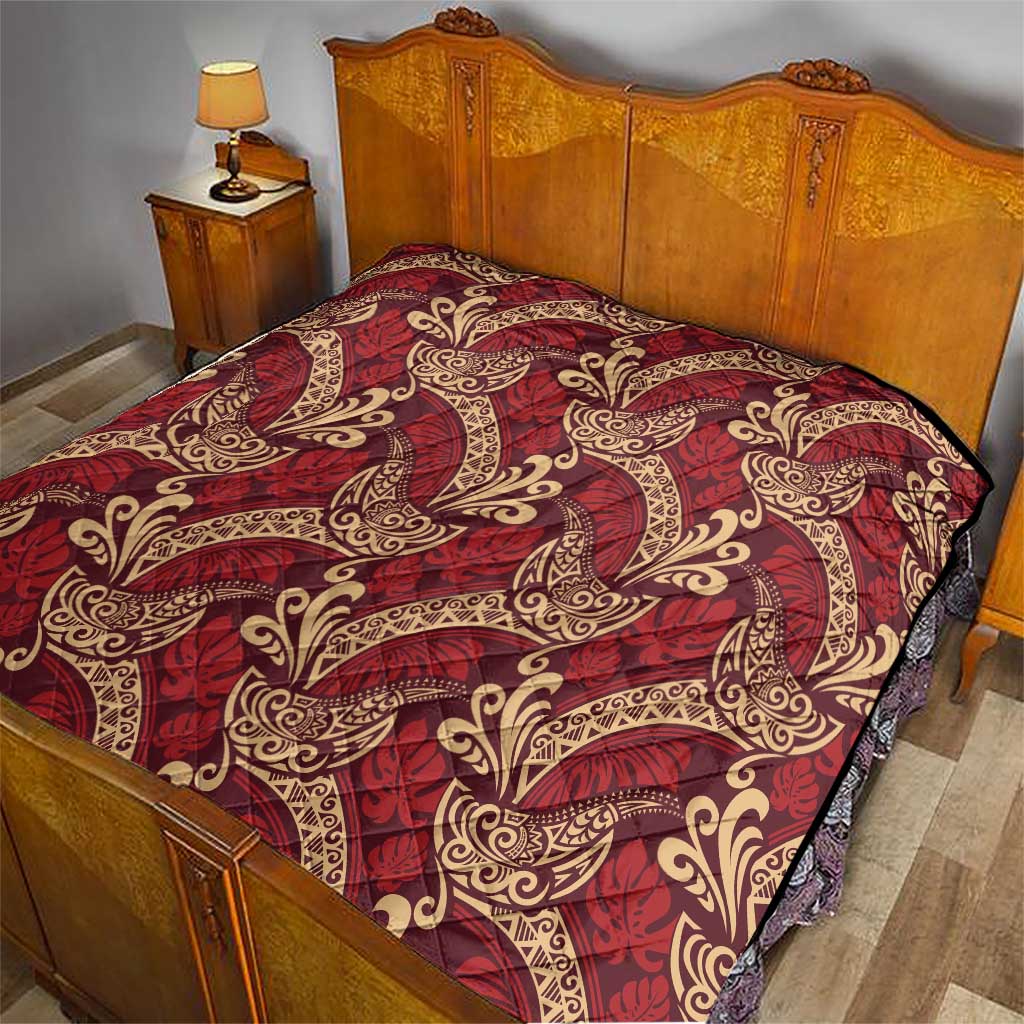 Luxury Red Monstera Quilt Polynesian Tribal Pattern - Polynesian Pride