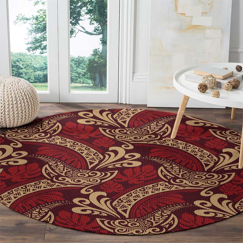 Luxury Red Monstera Round Carpet Polynesian Tribal Pattern - Polynesian Pride