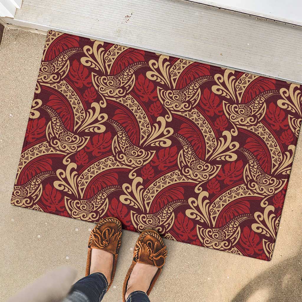 Luxury Red Monstera Rubber Doormat Polynesian Tribal Pattern - Polynesian Pride