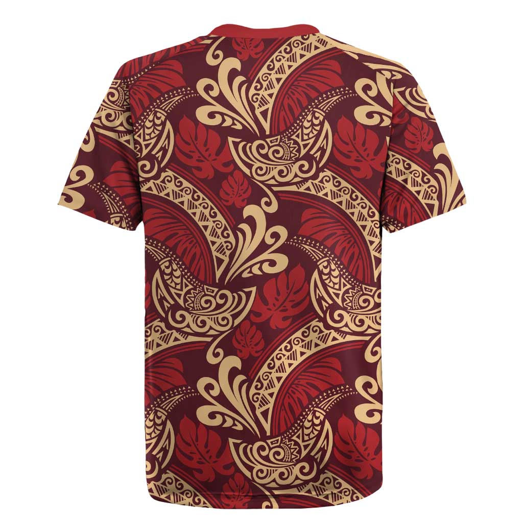 Luxury Red Monstera Rugby Jersey Polynesian Tribal Pattern - Polynesian Pride