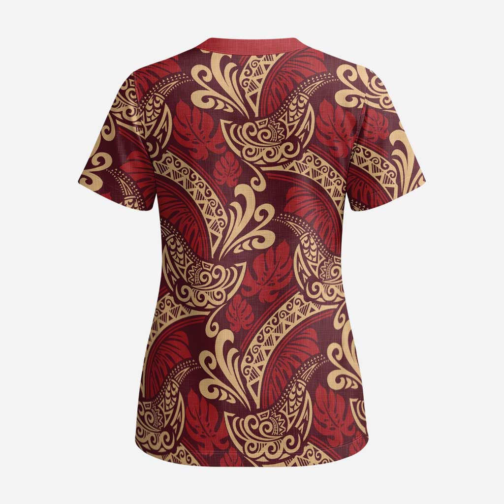 Luxury Red Monstera Scrub Top Polynesian Tribal Pattern - Polynesian Pride