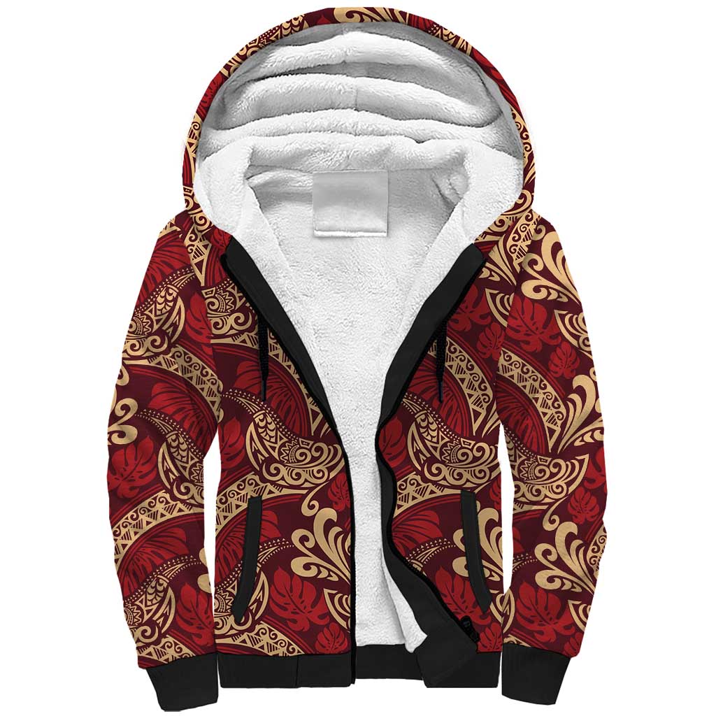 Luxury Red Monstera Sherpa Hoodie Polynesian Tribal Pattern - Polynesian Pride