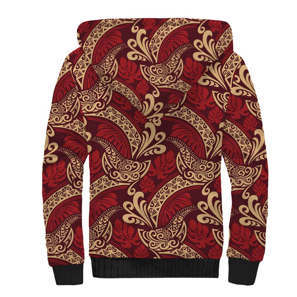 Luxury Red Monstera Sherpa Hoodie Polynesian Tribal Pattern - Polynesian Pride