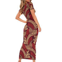 Luxury Red Monstera Short Sleeve Bodycon Dress Polynesian Tribal Pattern - Polynesian Pride
