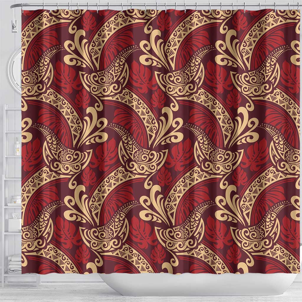 Luxury Red Monstera Shower Curtain Polynesian Tribal Pattern - Polynesian Pride