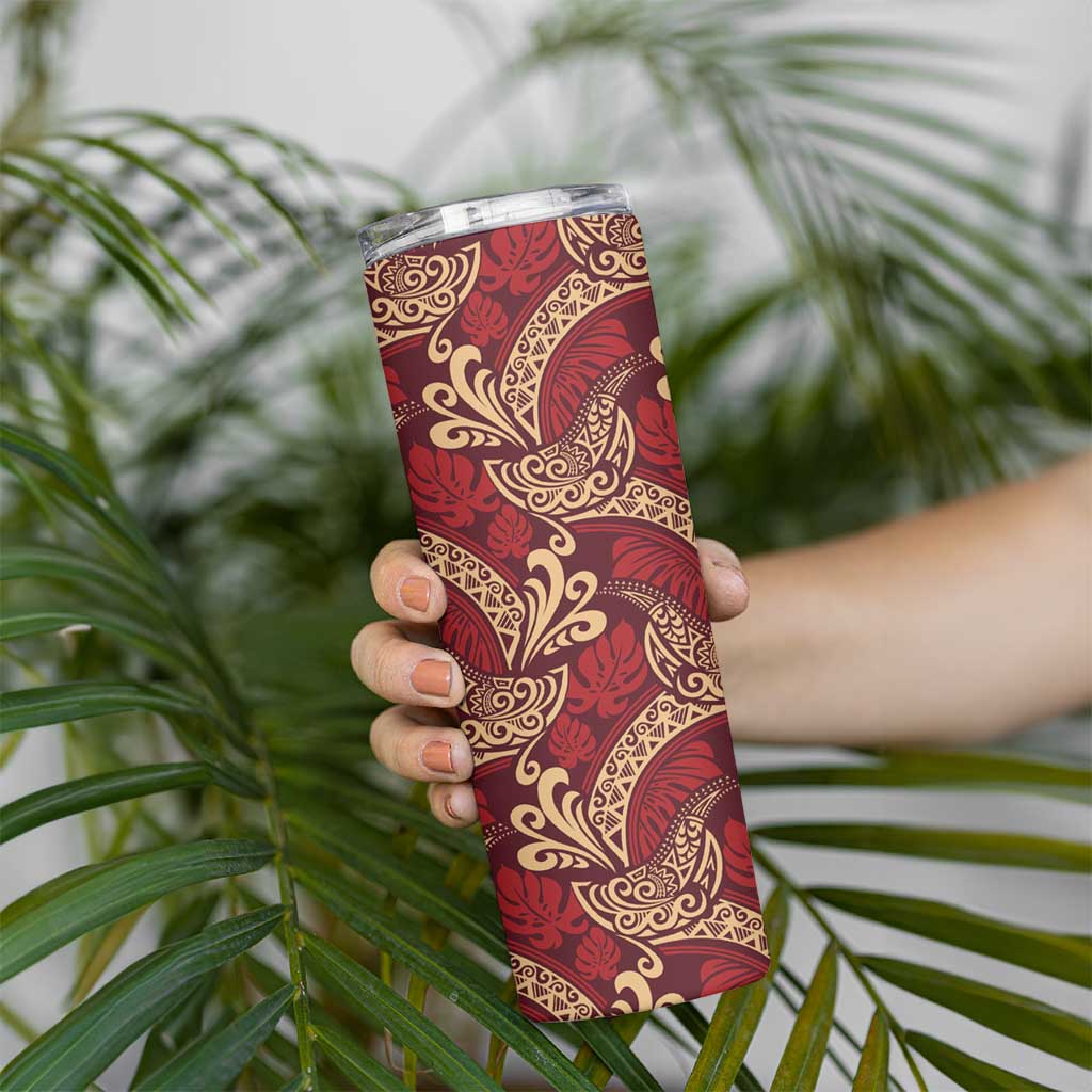 Luxury Red Monstera Skinny Tumbler Polynesian Tribal Pattern - Polynesian Pride