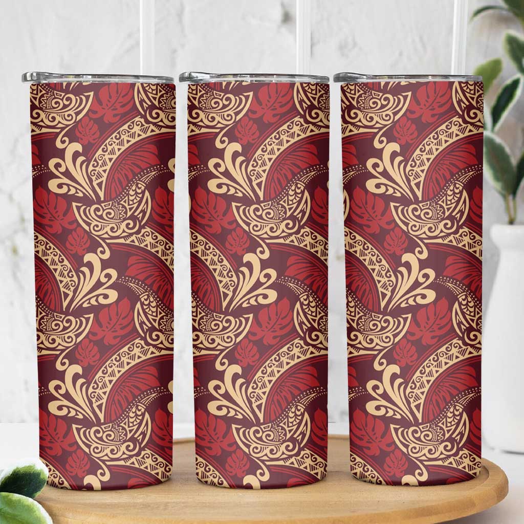 Luxury Red Monstera Skinny Tumbler Polynesian Tribal Pattern - Polynesian Pride