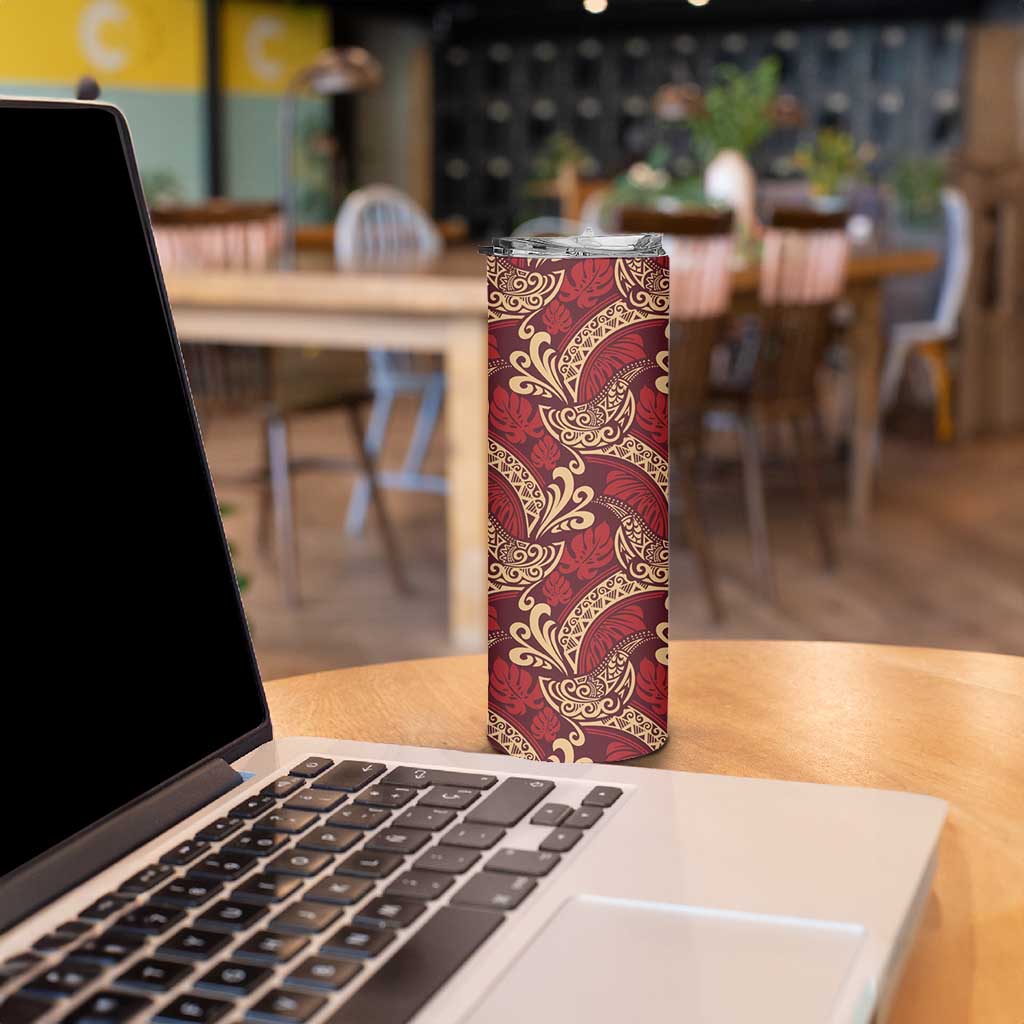 Luxury Red Monstera Skinny Tumbler Polynesian Tribal Pattern - Polynesian Pride