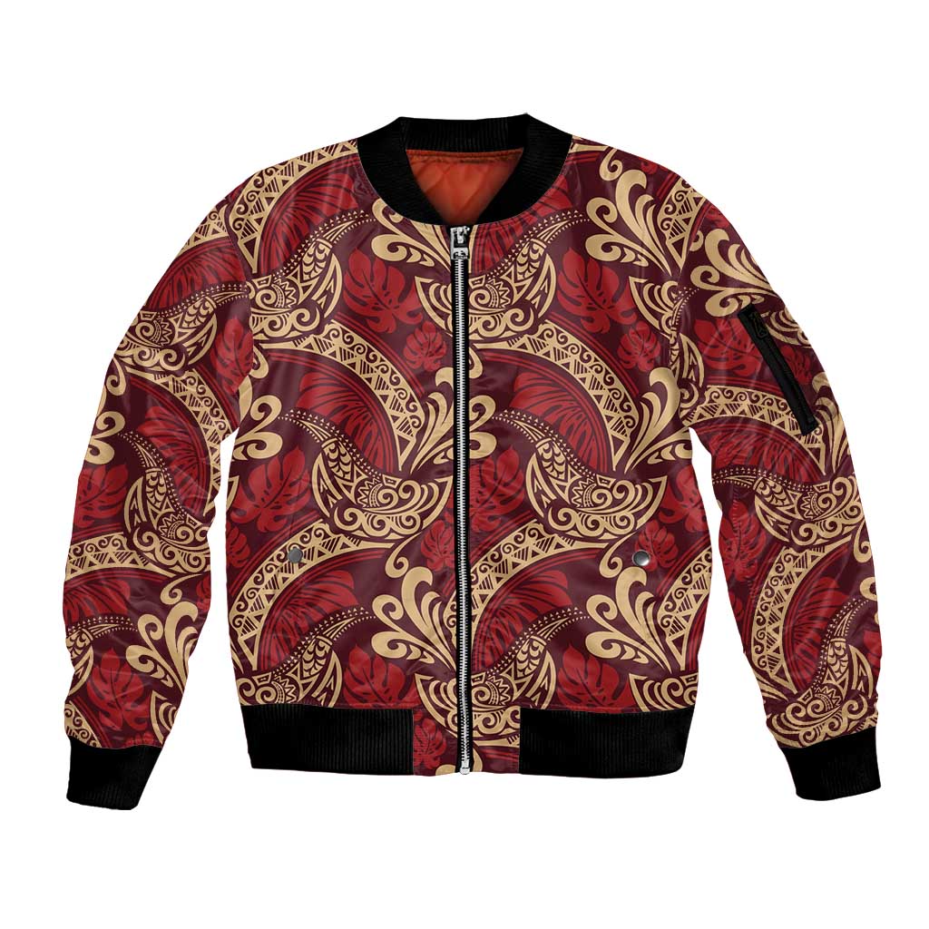 Luxury Red Monstera Sleeve Zip Bomber Jacket Polynesian Tribal Pattern - Polynesian Pride
