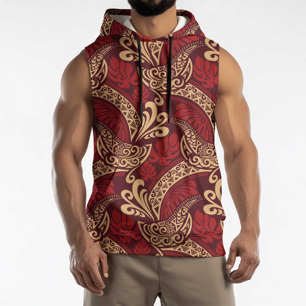 Luxury Red Monstera Sleeveless Hoodie Polynesian Tribal Pattern - Polynesian Pride