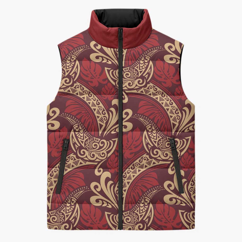 Luxury Red Monstera Sleeveless Puffer Jacket Polynesian Tribal Pattern - Polynesian Pride