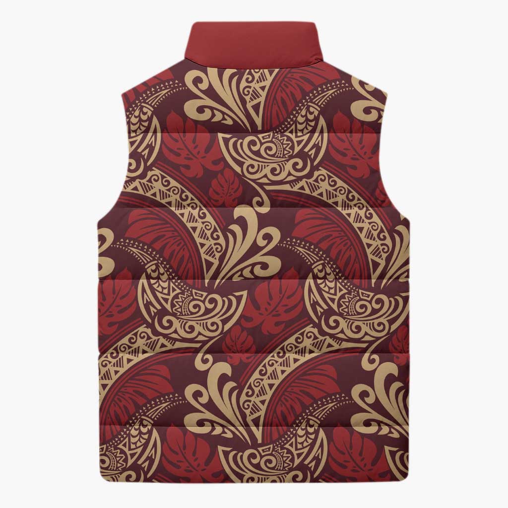 Luxury Red Monstera Sleeveless Puffer Jacket Polynesian Tribal Pattern - Polynesian Pride