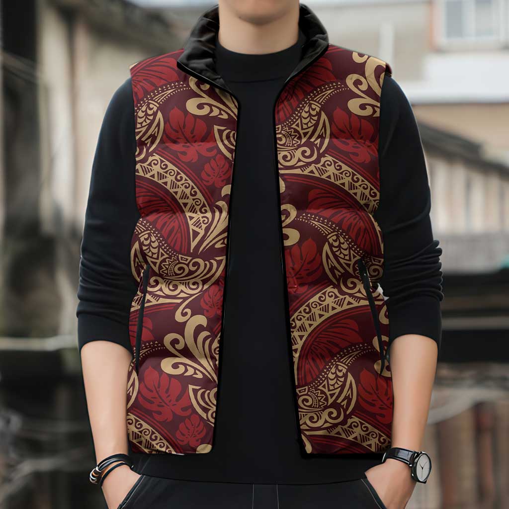 Luxury Red Monstera Sleeveless Puffer Jacket Polynesian Tribal Pattern - Polynesian Pride