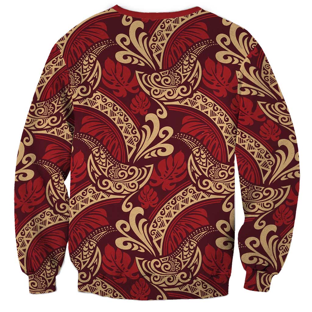 Luxury Red Monstera Sweatshirt Polynesian Tribal Pattern - Polynesian Pride