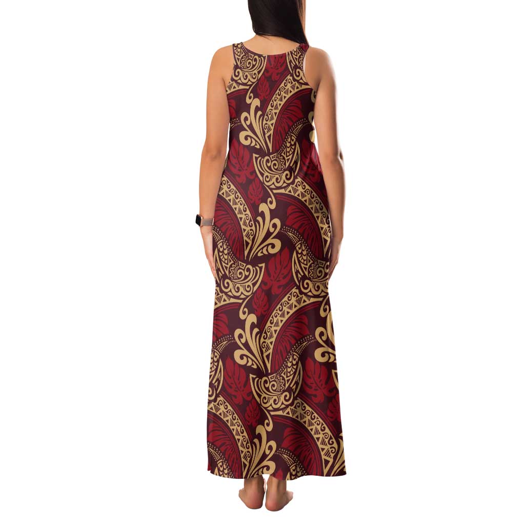 Luxury Red Monstera Tank Maxi Dress Polynesian Tribal Pattern - Polynesian Pride