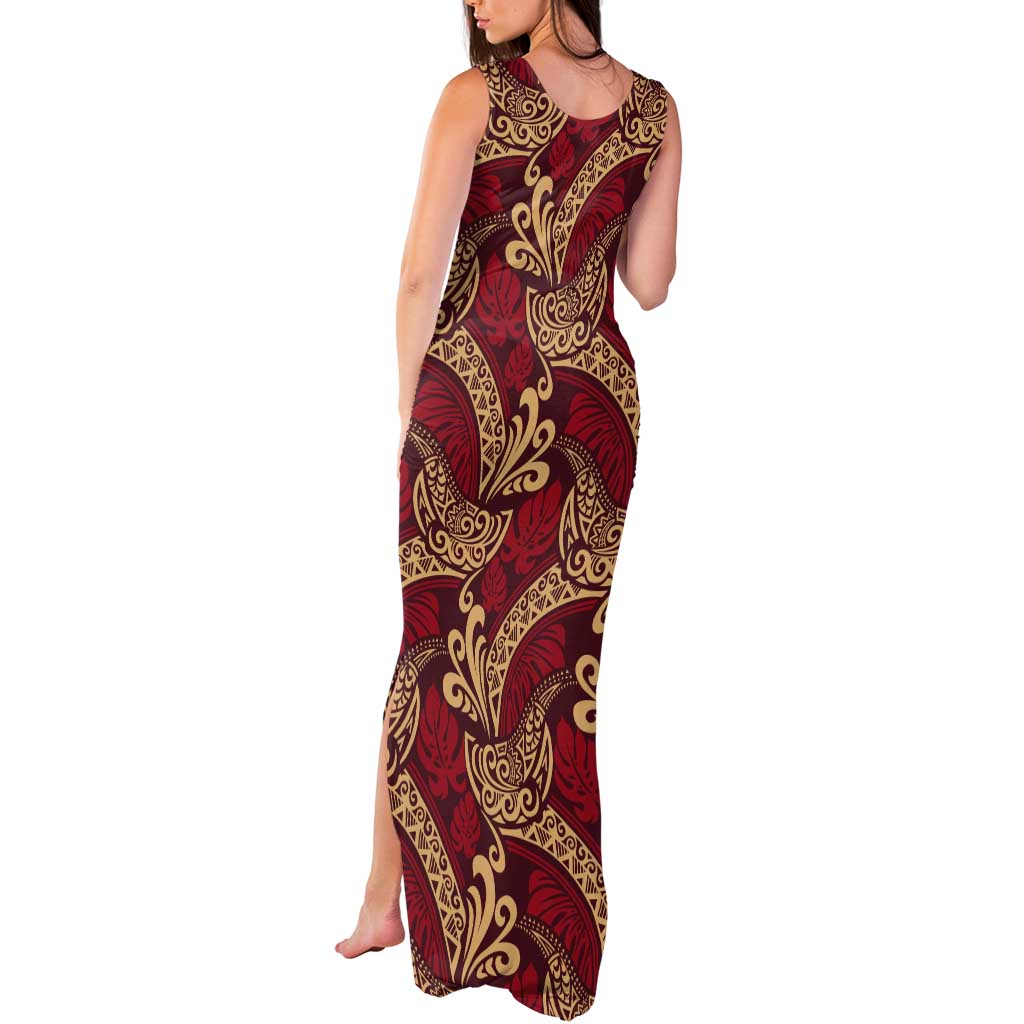Luxury Red Monstera Tank Maxi Dress Polynesian Tribal Pattern - Polynesian Pride