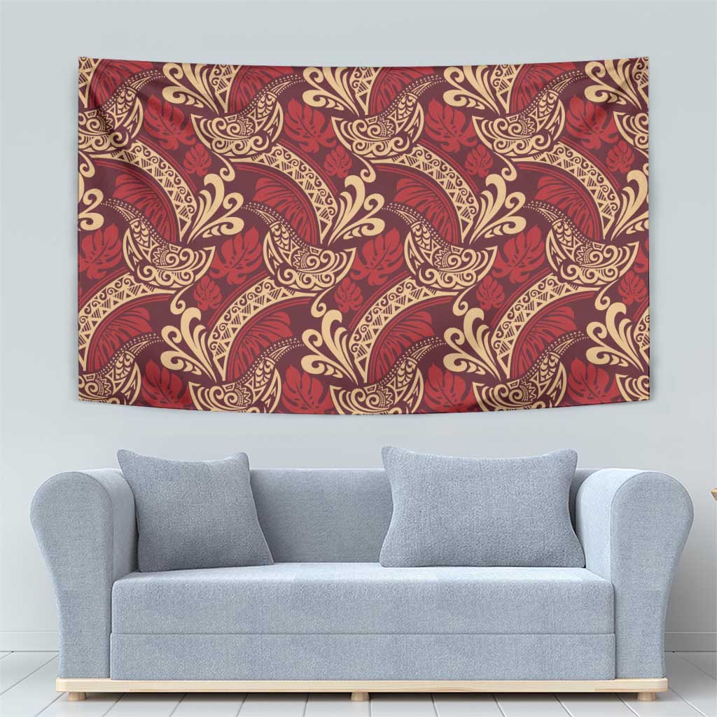 Luxury Red Monstera Tapestry Polynesian Tribal Pattern - Polynesian Pride