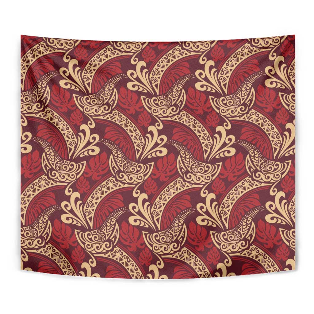 Luxury Red Monstera Tapestry Polynesian Tribal Pattern - Polynesian Pride
