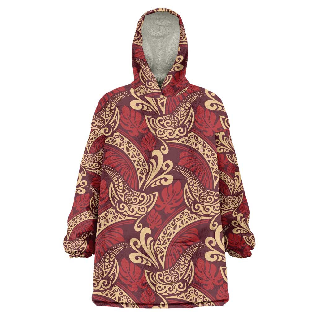 Luxury Red Monstera Wearable Blanket Hoodie Polynesian Tribal Pattern LT01 One Size Red - Polynesian Pride